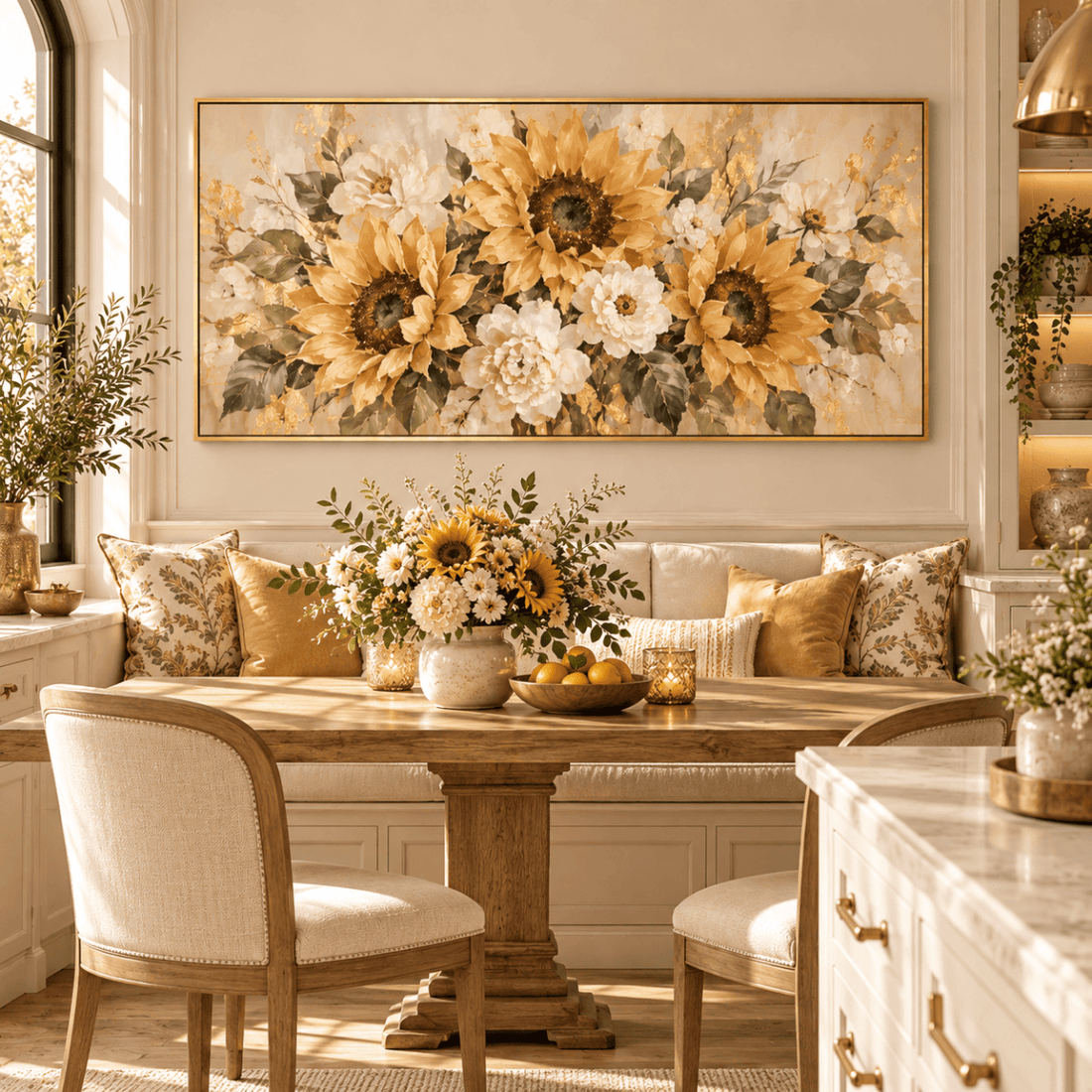 Sunflower Wall Art – Oversized Panoramic Gold and Cream Textured Look Canvas for Living Room - Sense for Decor