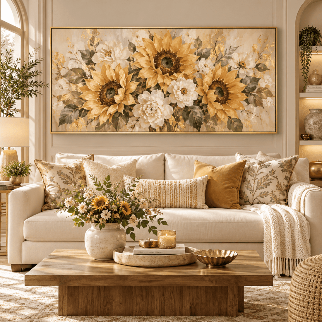Sunflower Wall Art – Oversized Panoramic Gold and Cream Textured Look Canvas for Living Room - Sense for Decor