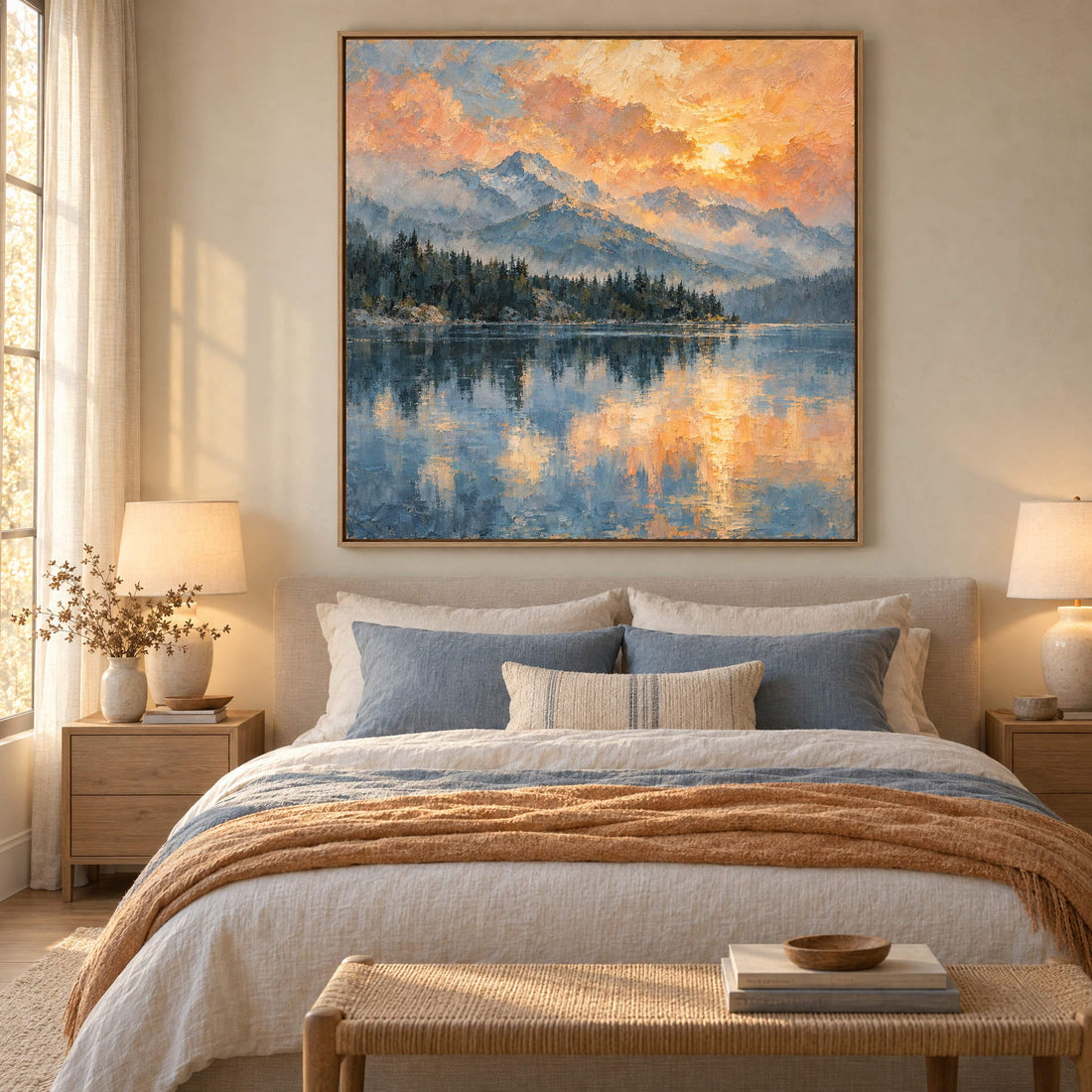 Mountain lake sunset canvas above a bed with blue and amber linen