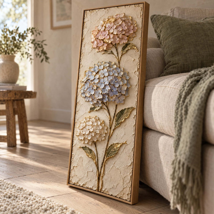 Tall Hydrangea Wall Art – Oversized Blush and Blue Three Bloom Textured Look Canvas for Living Room - Sense for Decor