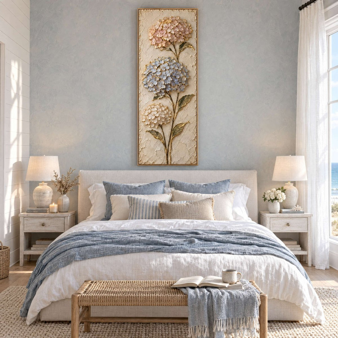 Tall Hydrangea Wall Art – Oversized Blush and Blue Three Bloom Textured Look Canvas for Living Room - Sense for Decor