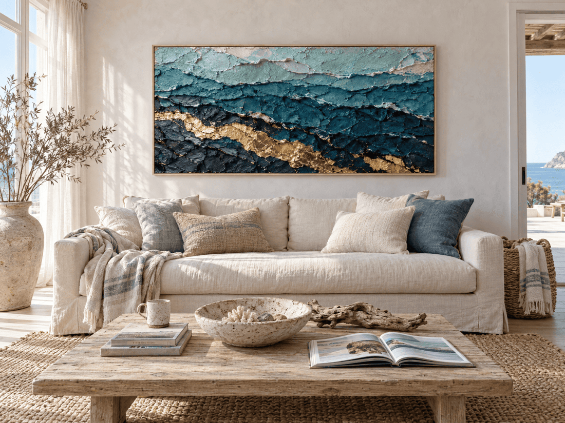 Teal and Gold Abstract Wall Art – Oversized Ocean Layers Textured Look Canvas for Living Room - Sense for Decor