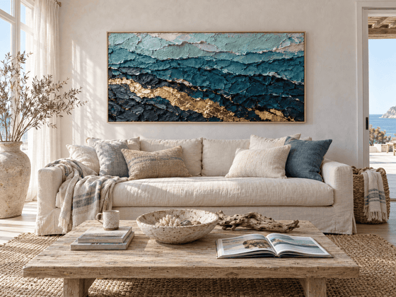 Teal and Gold Abstract Wall Art – Oversized Ocean Layers Textured Look Canvas for Living Room