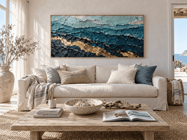 Teal and Gold Abstract Wall Art – Oversized Ocean Layers Textured Look Canvas for Living Room - Sense for Decor