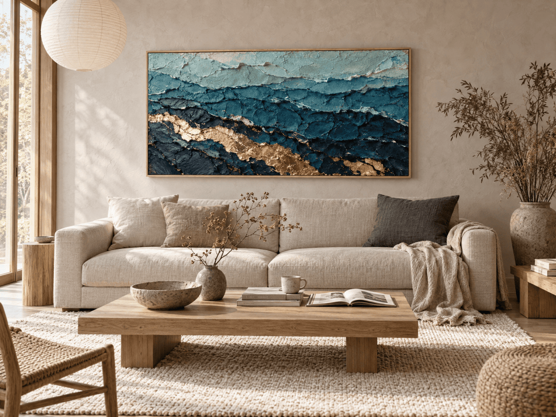 Teal and Gold Abstract Wall Art – Oversized Ocean Layers Textured Look Canvas for Living Room - Sense for Decor