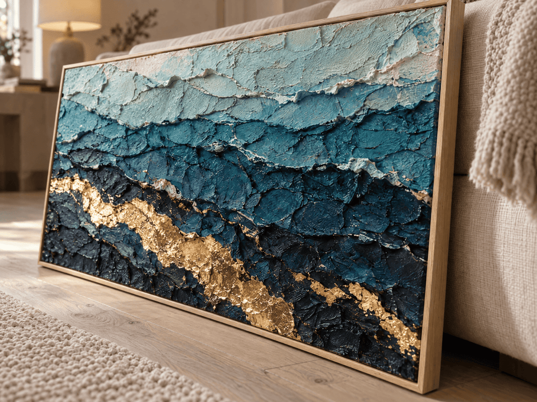 Teal and Gold Abstract Wall Art – Oversized Ocean Layers Textured Look Canvas for Living Room - Sense for Decor
