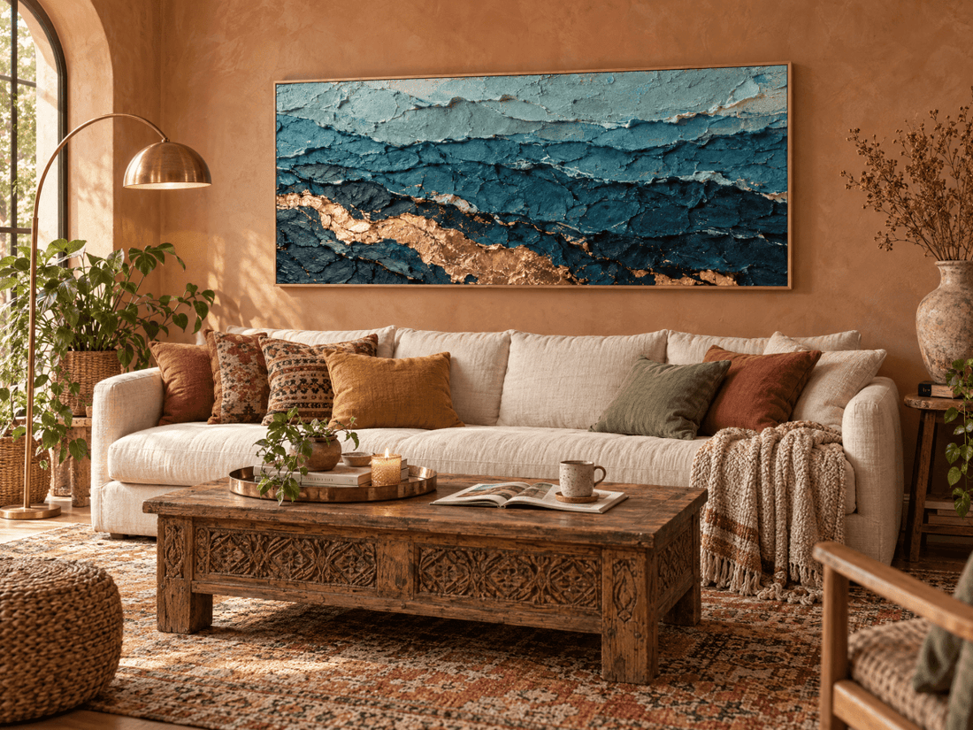 Teal and Gold Abstract Wall Art – Oversized Ocean Layers Textured Look Canvas for Living Room - Sense for Decor