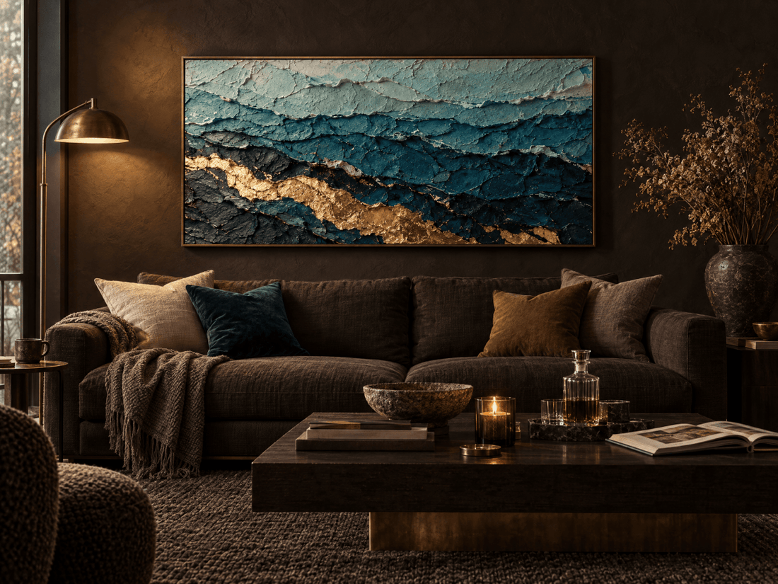 Teal and Gold Abstract Wall Art – Oversized Ocean Layers Textured Look Canvas for Living Room - Sense for Decor