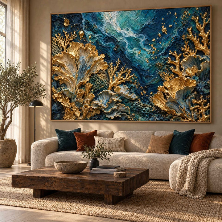 Teal and Gold Wall Art – Oversized Coral Reef Textured Look Canvas for Living Room and Bathroom - Sense for Decor