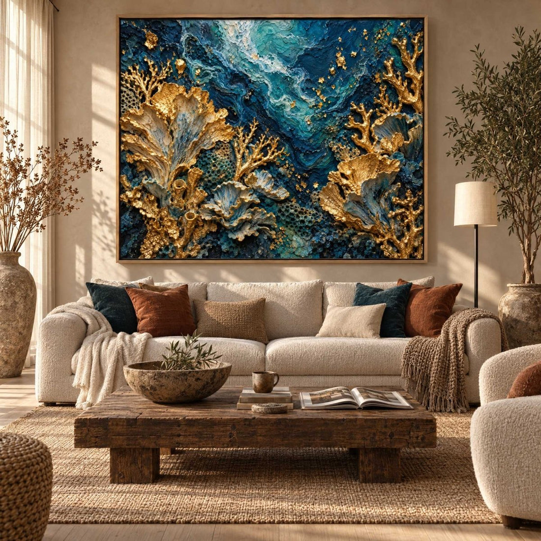Teal and Gold Wall Art – Oversized Coral Reef Textured Look Canvas for Living Room and Bathroom - Sense for Decor