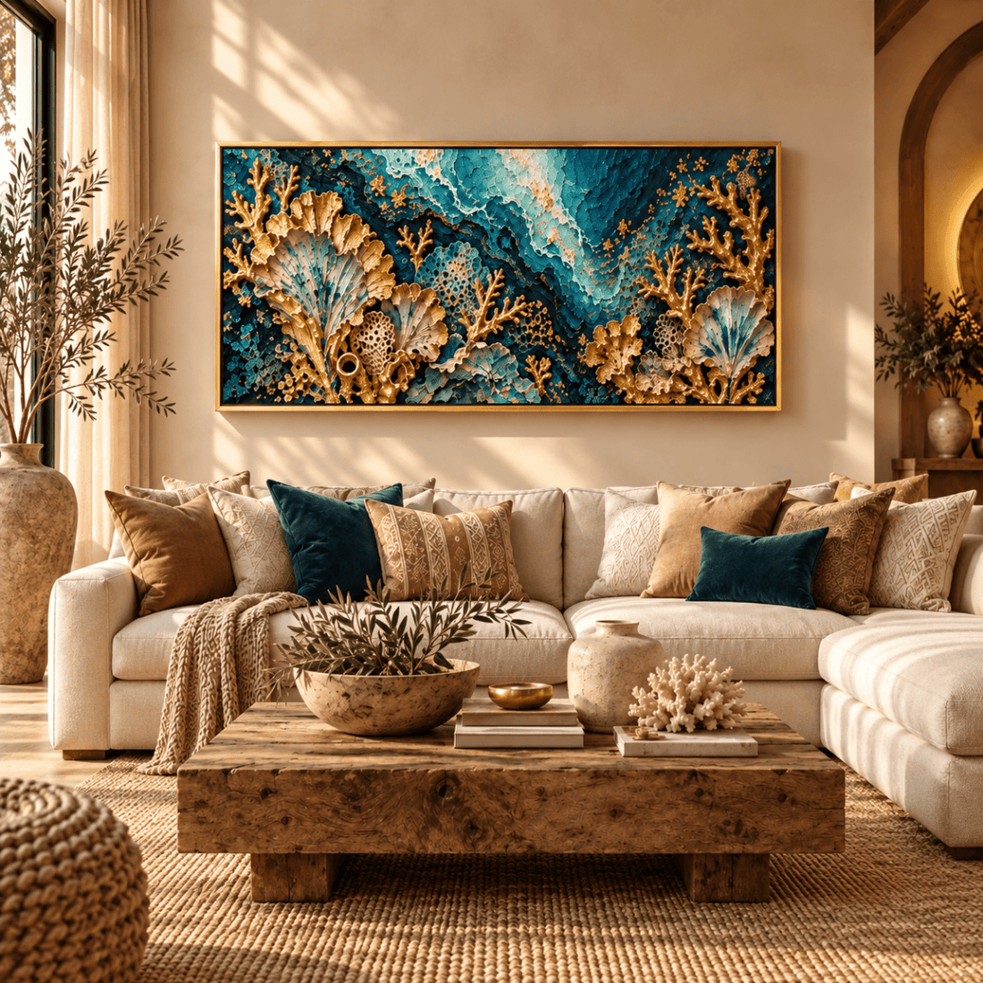 Teal and Gold Wall Art – Oversized Coral Reef Textured Look Canvas for Living Room and Bathroom - Sense for Decor