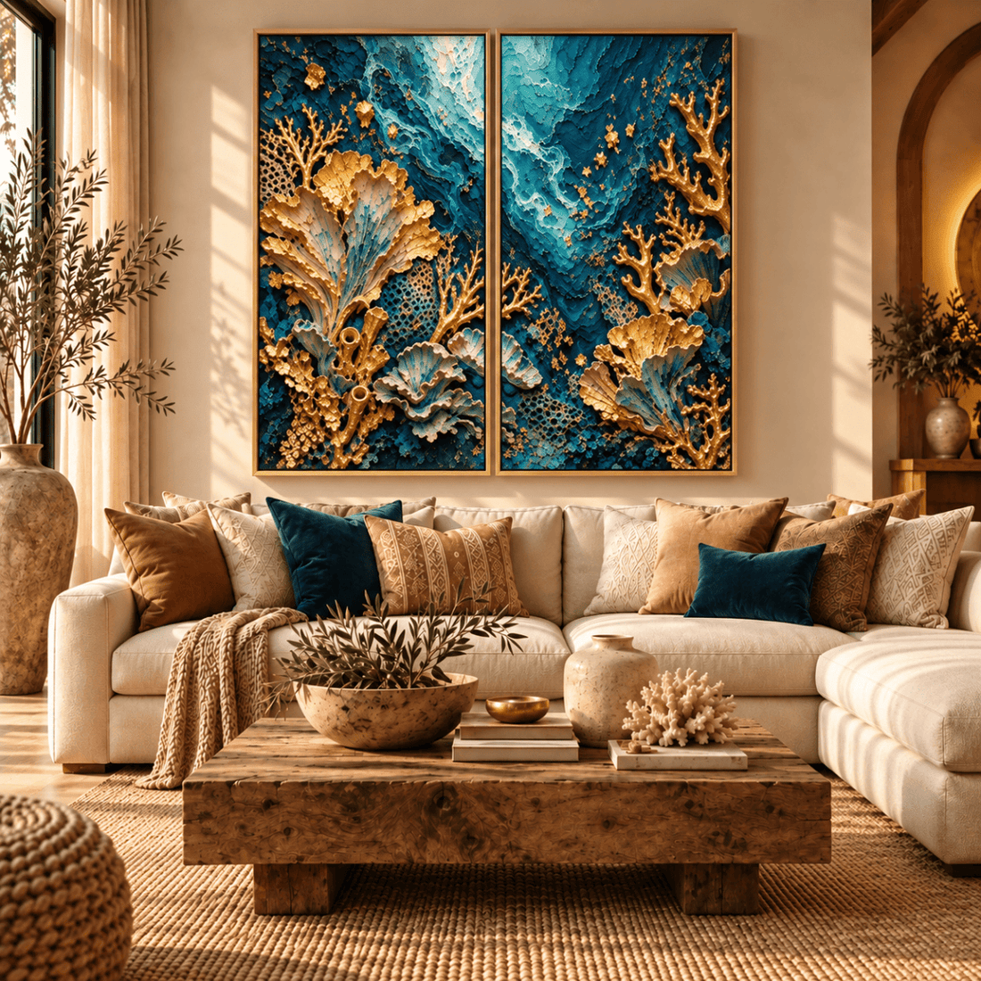 Teal and Gold Wall Art – Oversized Coral Reef Textured Look Canvas for Living Room and Bathroom - Sense for Decor