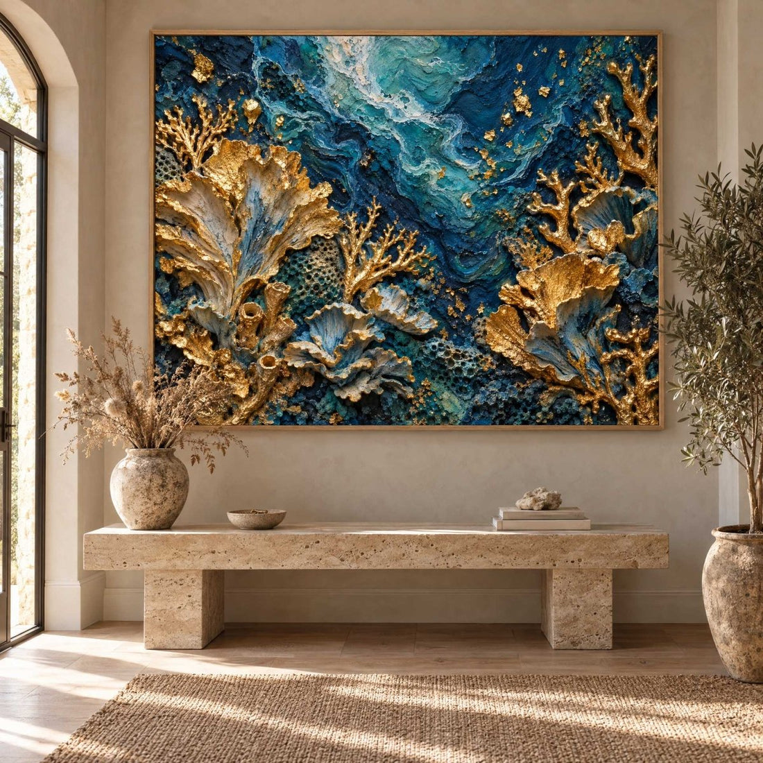 Teal and Gold Wall Art – Oversized Coral Reef Textured Look Canvas for Living Room and Bathroom - Sense for Decor