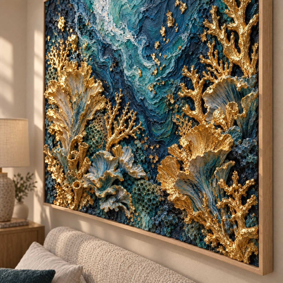 Teal and Gold Wall Art – Oversized Coral Reef Textured Look Canvas for Living Room and Bathroom - Sense for Decor