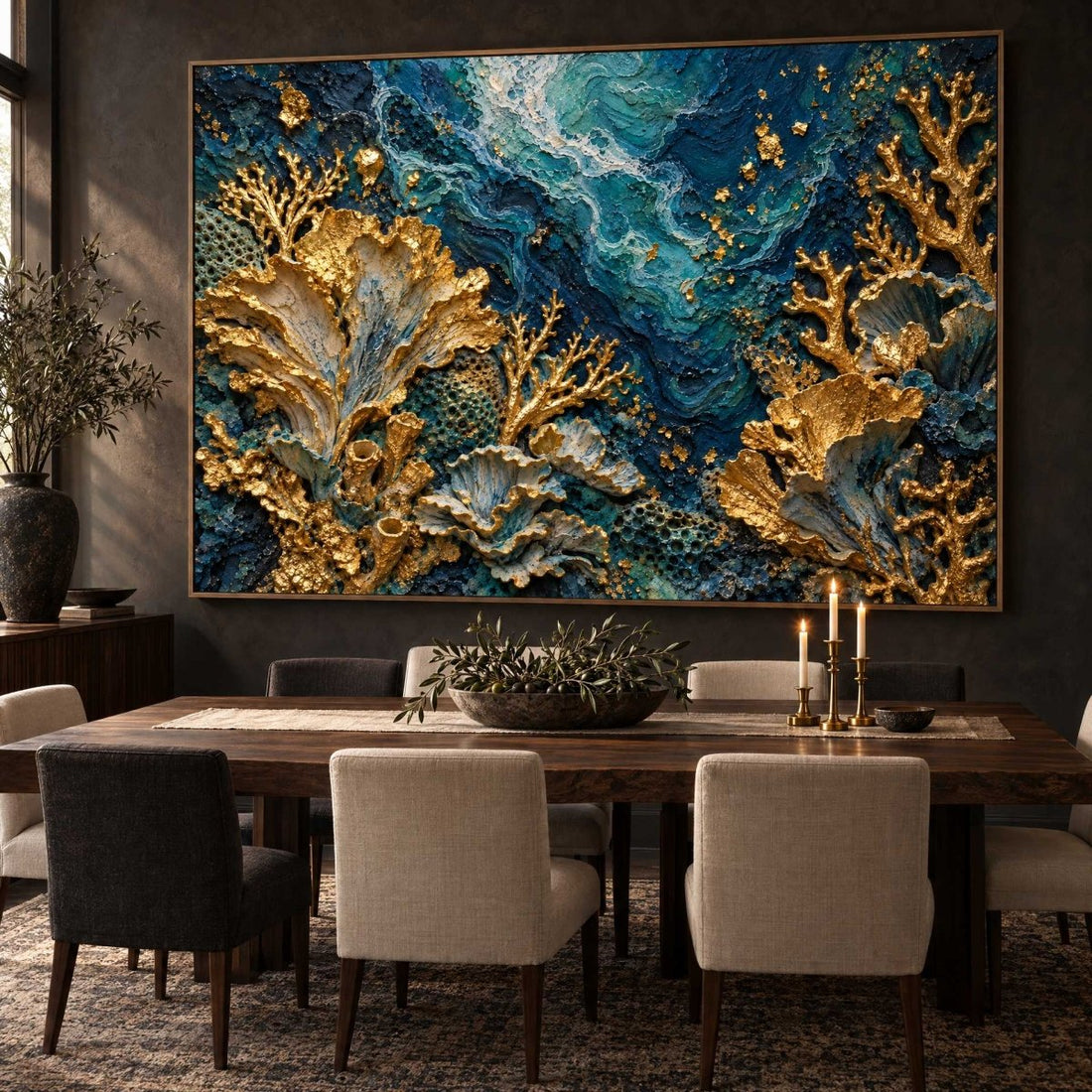 Teal and Gold Wall Art – Oversized Coral Reef Textured Look Canvas for Living Room and Bathroom - Sense for Decor
