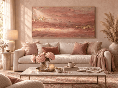 Terracotta and Rose Wall Art – Oversized Gold Leaf Textured Look Canvas for Living Room - Sense for Decor