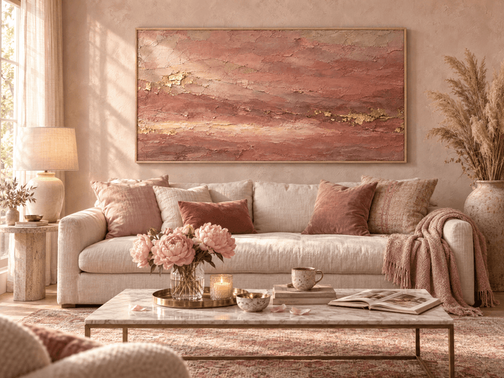 Terracotta and Rose Wall Art – Oversized Gold Leaf Textured Look Canvas for Living Room - Sense for Decor