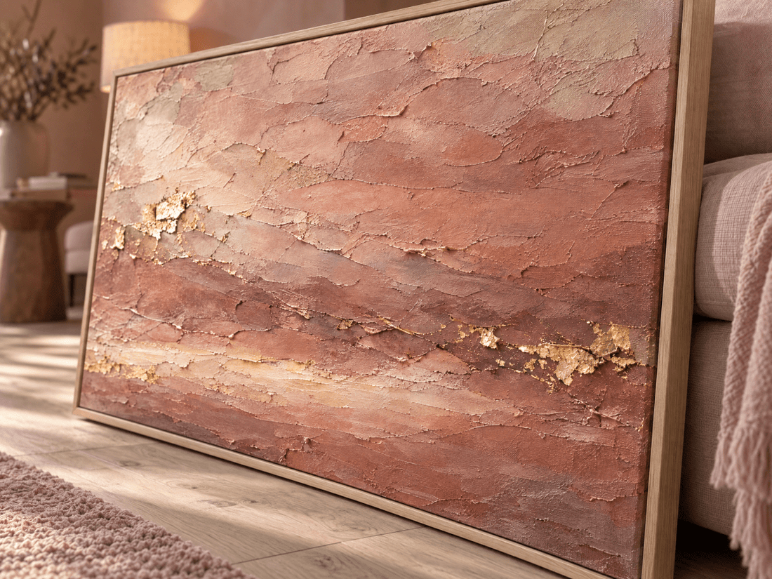 Terracotta and Rose Wall Art – Oversized Gold Leaf Textured Look Canvas for Living Room - Sense for Decor