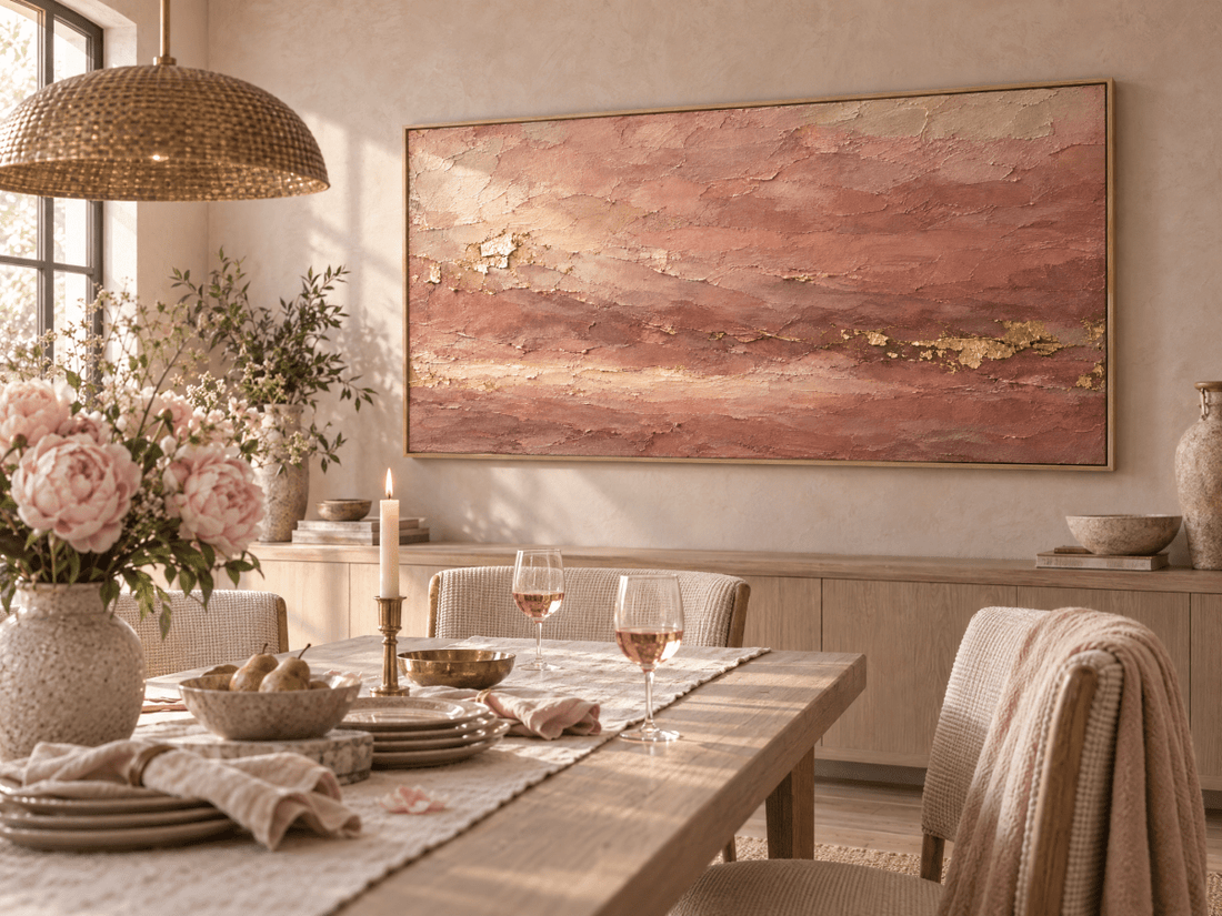 Terracotta and Rose Wall Art – Oversized Gold Leaf Textured Look Canvas for Living Room - Sense for Decor