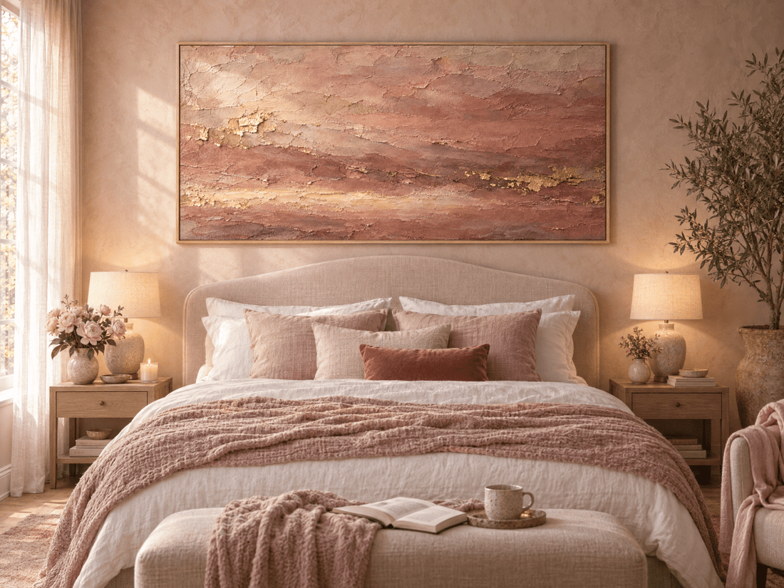 Terracotta and Rose Wall Art – Oversized Gold Leaf Textured Look Canvas for Living Room - Sense for Decor