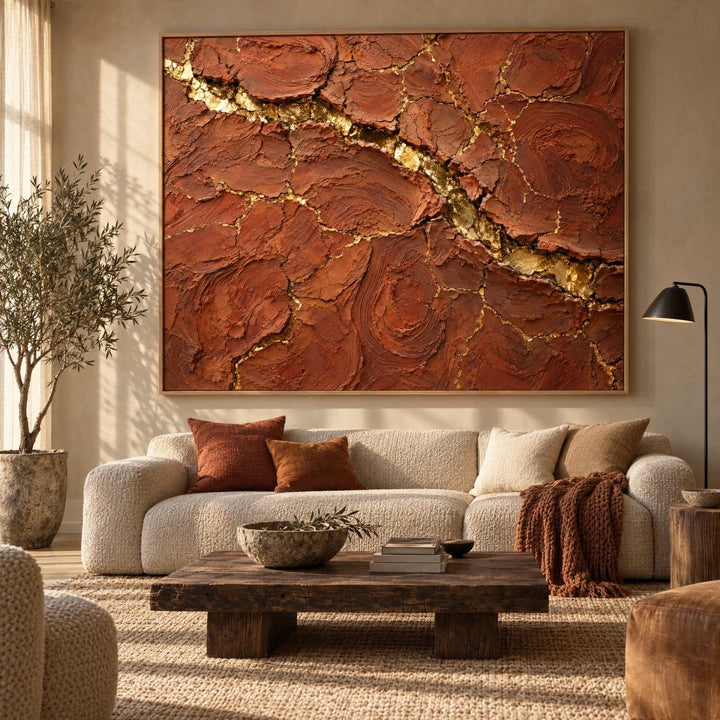 Terracotta Wall Art – Oversized Cracked Earth and Gold Textured Look Canvas for Living Room - Sense for Decor