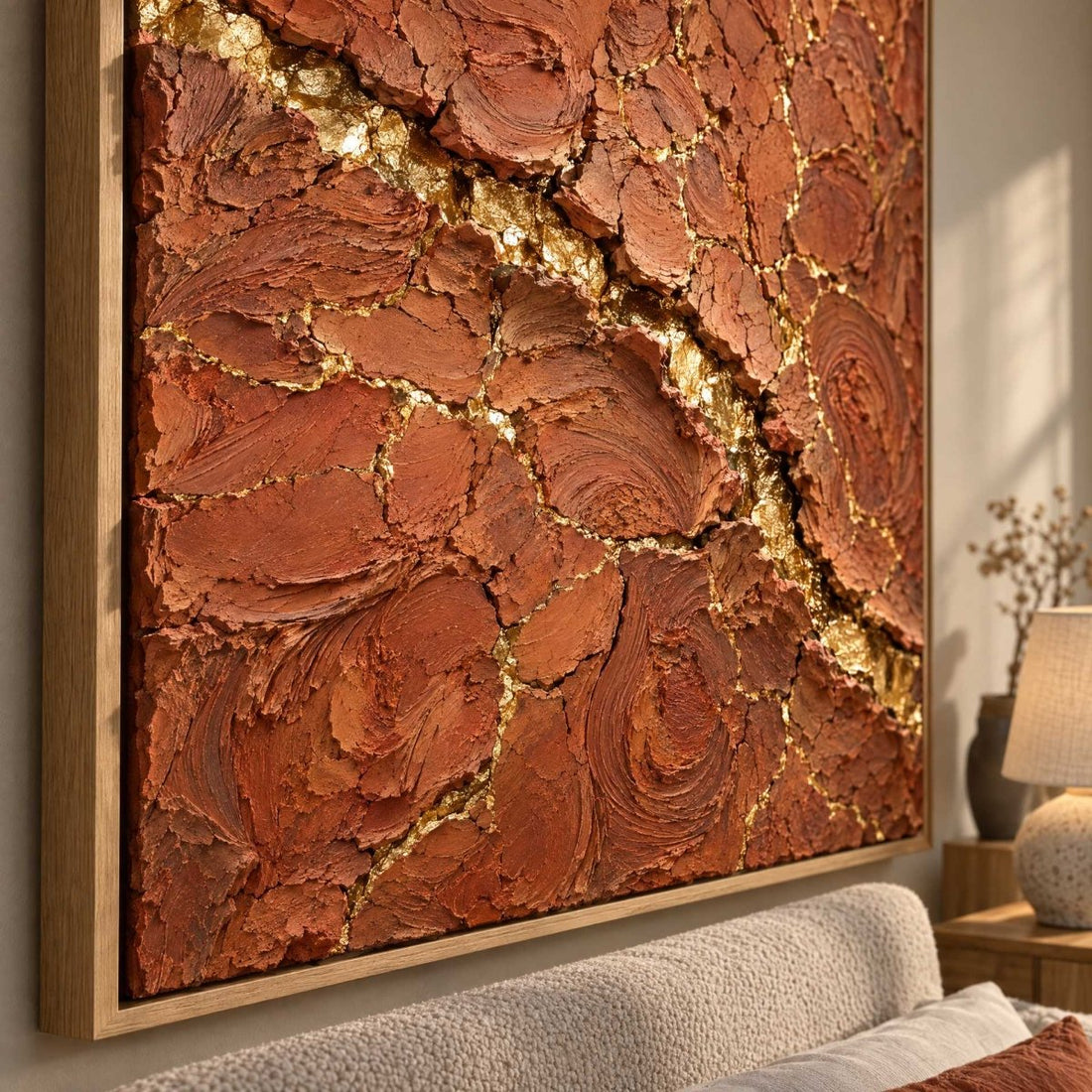 Terracotta Wall Art – Oversized Cracked Earth and Gold Textured Look Canvas for Living Room - Sense for Decor