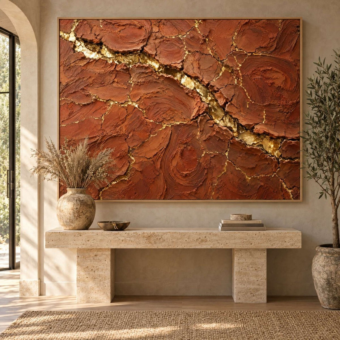 Terracotta Wall Art – Oversized Cracked Earth and Gold Textured Look Canvas for Living Room - Sense for Decor