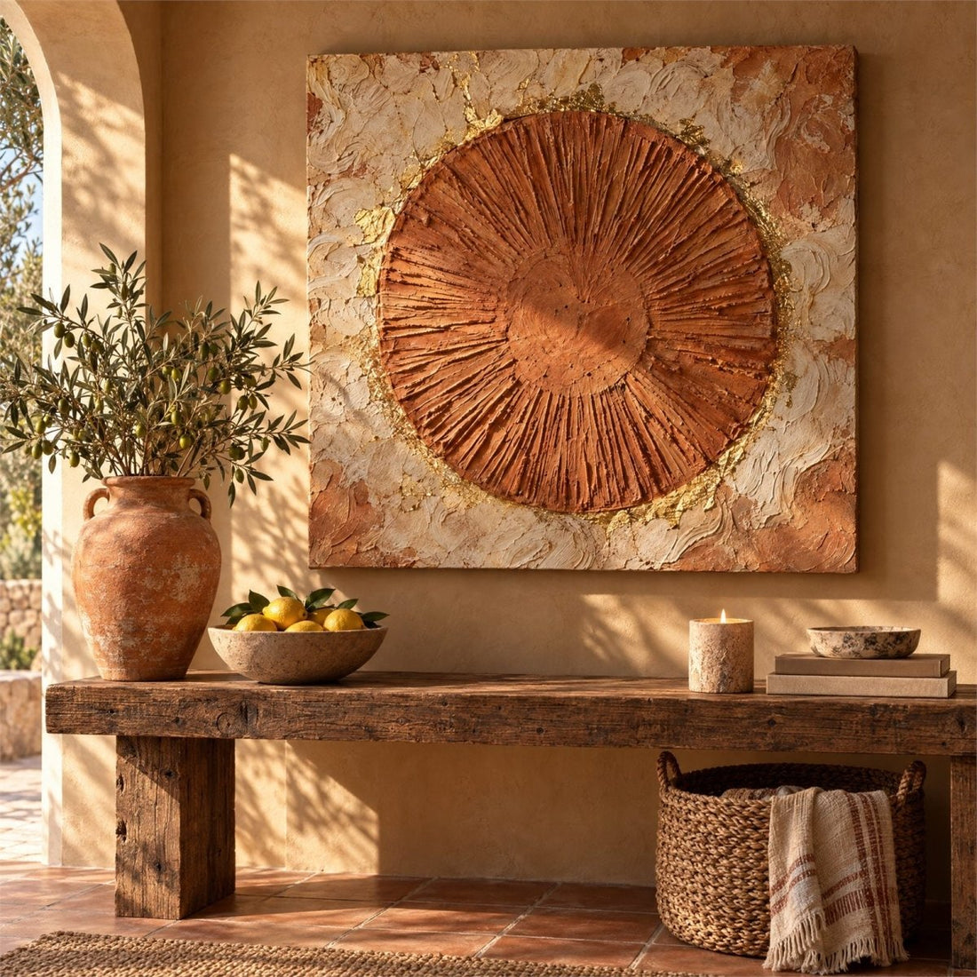 Terracotta Wall Art – Oversized Rust and Gold Sun Disc Textured Look Canvas for Living Room - Sense for Decor