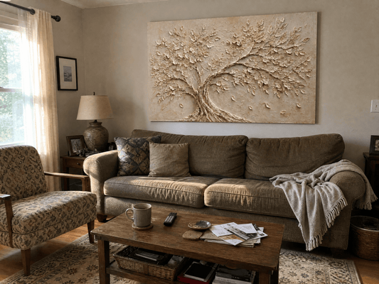 Megan R. at home with her Ivory Canopy canvas hanging above the sofa