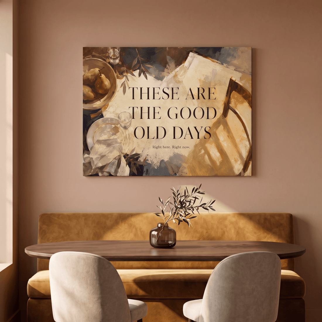 These Are The Good Old Days Wall Art – Modern Painterly Still Life Canvas in Warm Gold & Cream for Dining Room - Sense for Decor