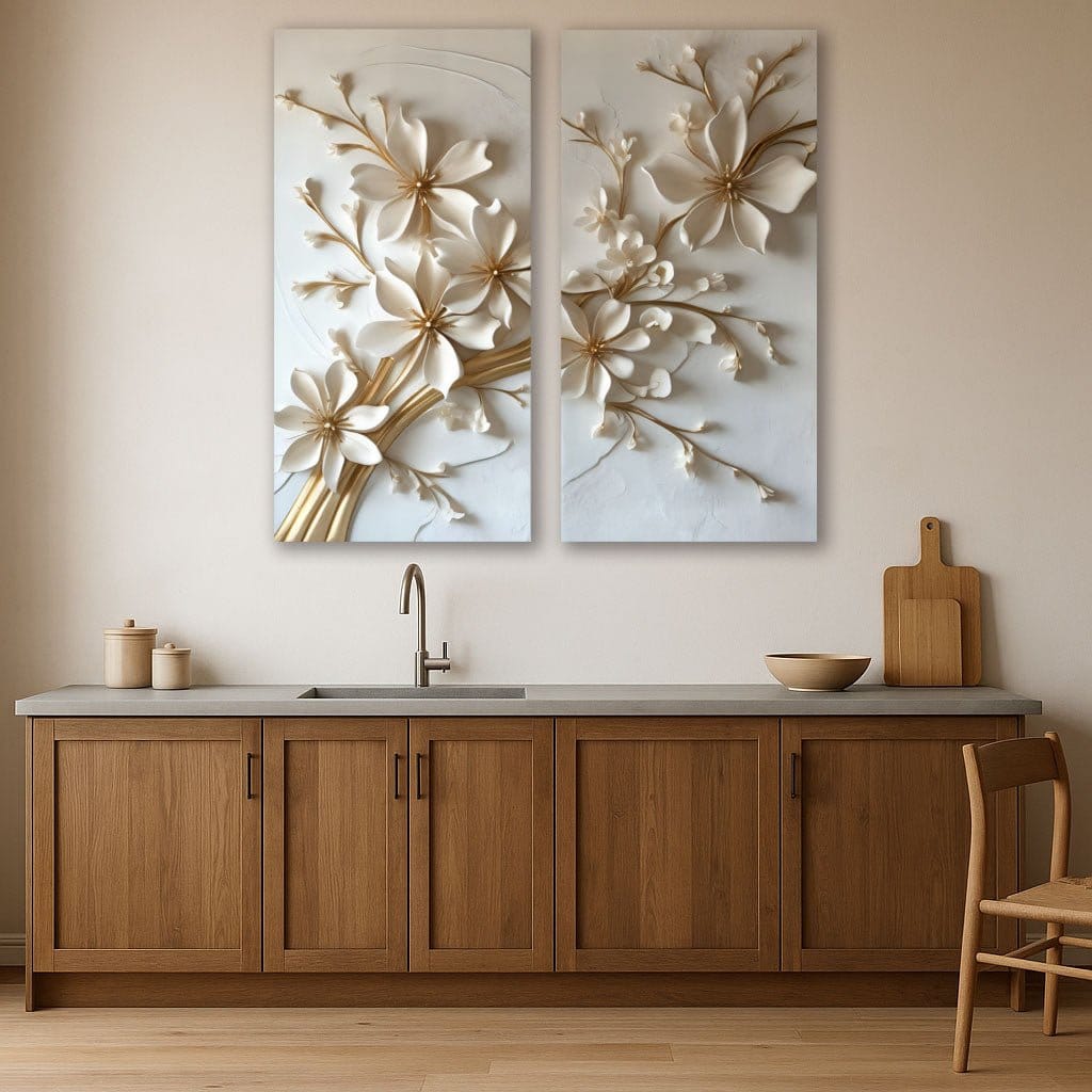 Timeless Bloom White & Gold Floral Canvas Wall Art for Bedroom & Living Room - Sense for Decor