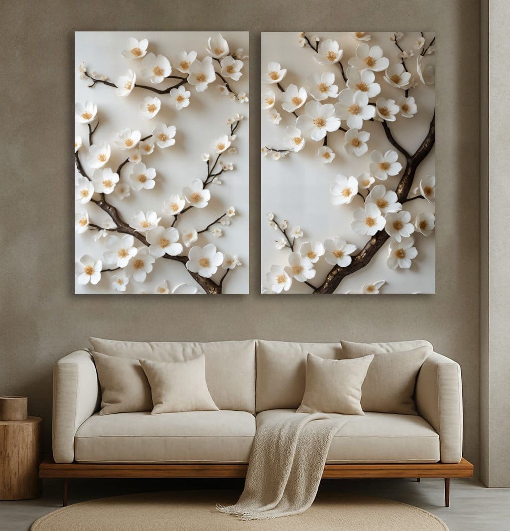 Timeless Cherry Blossom Wall Art Elegant White Floral Canvas Print (Set of 2 Panels) - Sense for Decor
