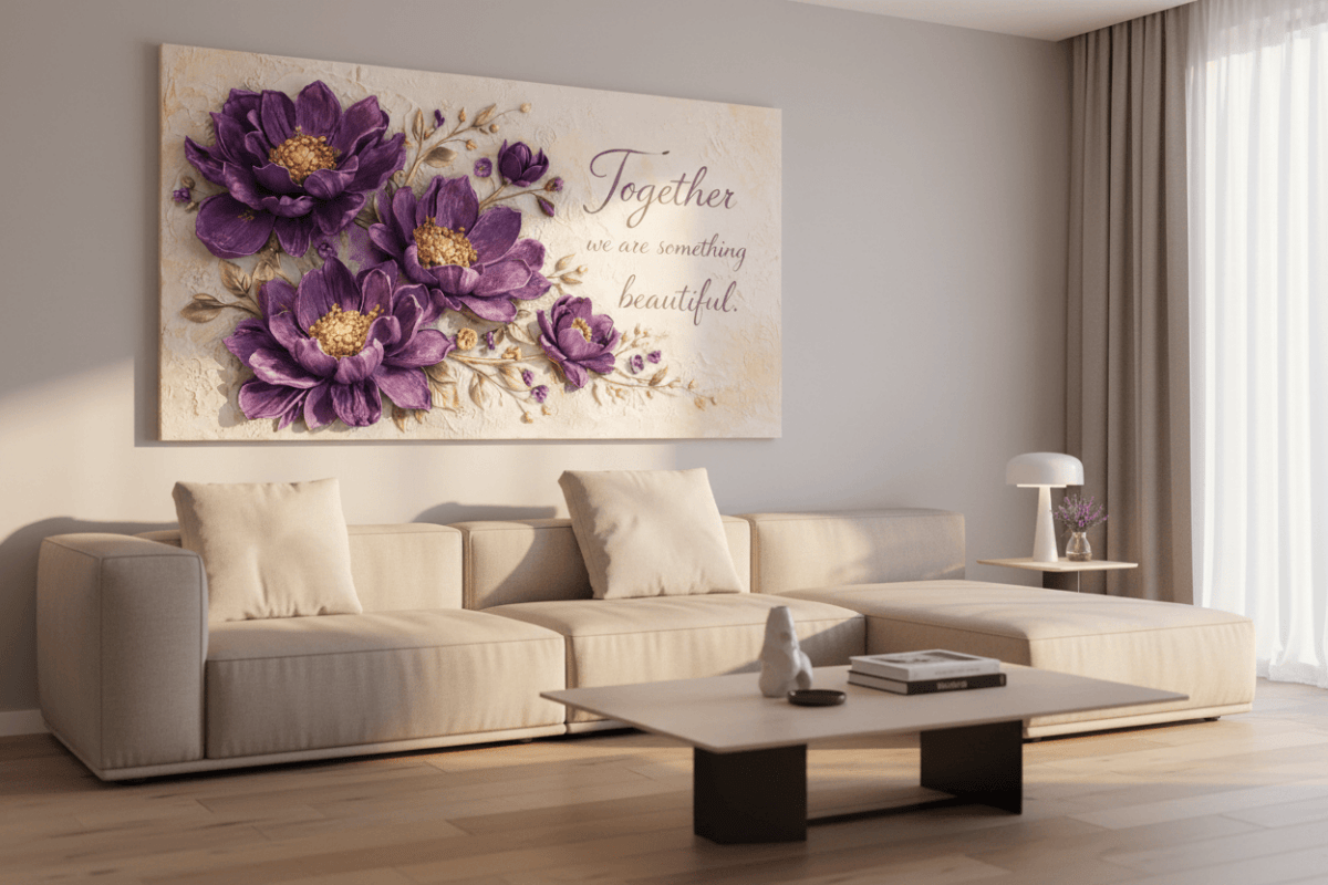 Together We Are Something Beautiful Wall Art - 3D Purple Peony Canvas with Gold Texture & Cream Backdrop - Sense for Decor