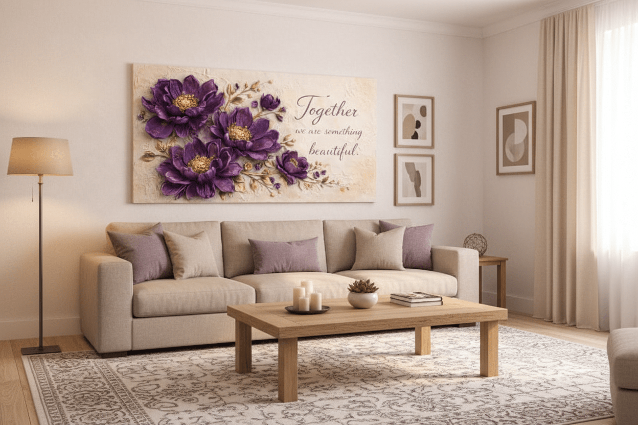 Together We Are Something Beautiful Wall Art - 3D Purple Peony Canvas with Gold Texture & Cream Backdrop - Sense for Decor