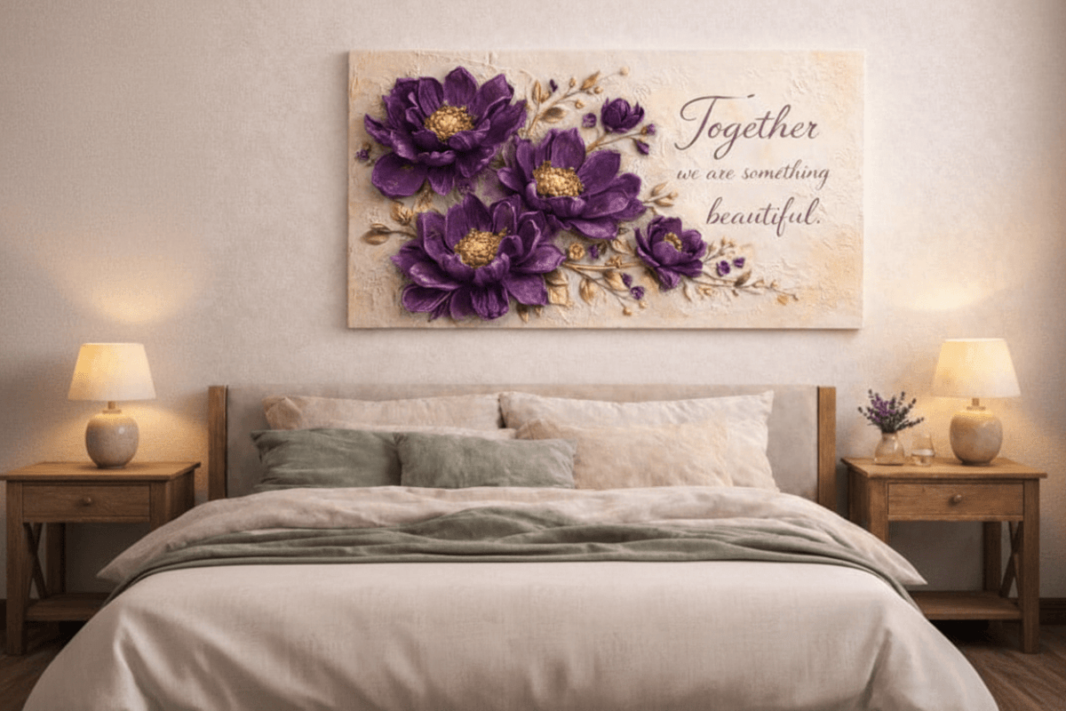Together We Are Something Beautiful Wall Art - 3D Purple Peony Canvas with Gold Texture & Cream Backdrop - Sense for Decor