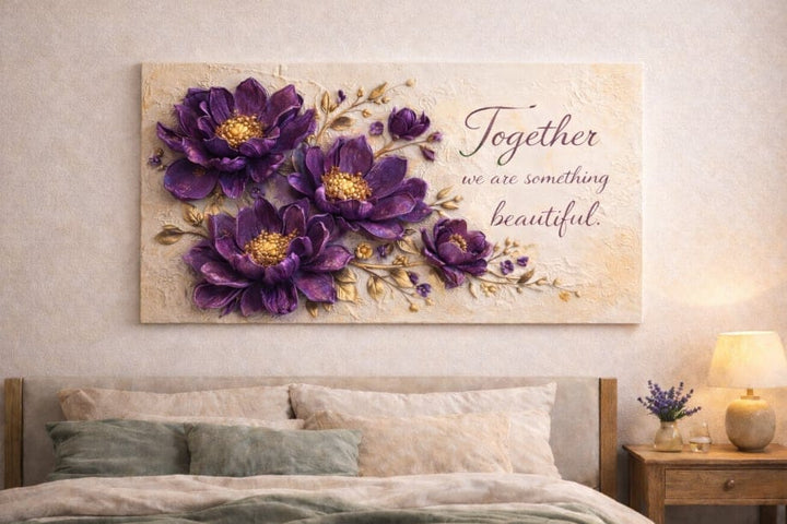 Together We Are Something Beautiful Wall Art - 3D Purple Peony Canvas with Gold Texture & Cream Backdrop - Sense for Decor
