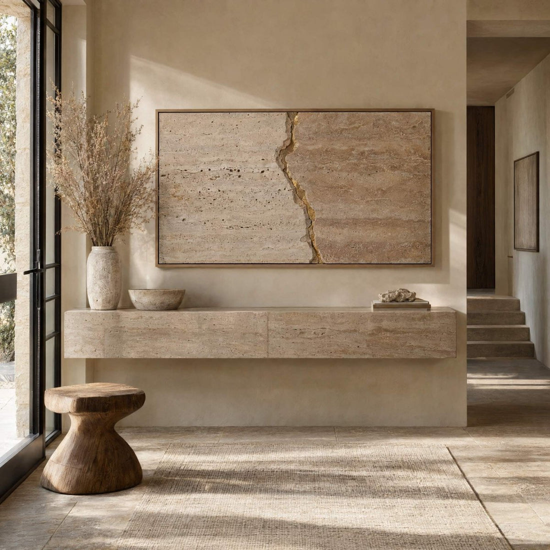Travertine Wall Art – Oversized Cream and Gold Kintsugi Seam Textured Look Canvas for Living Room - Sense for Decor