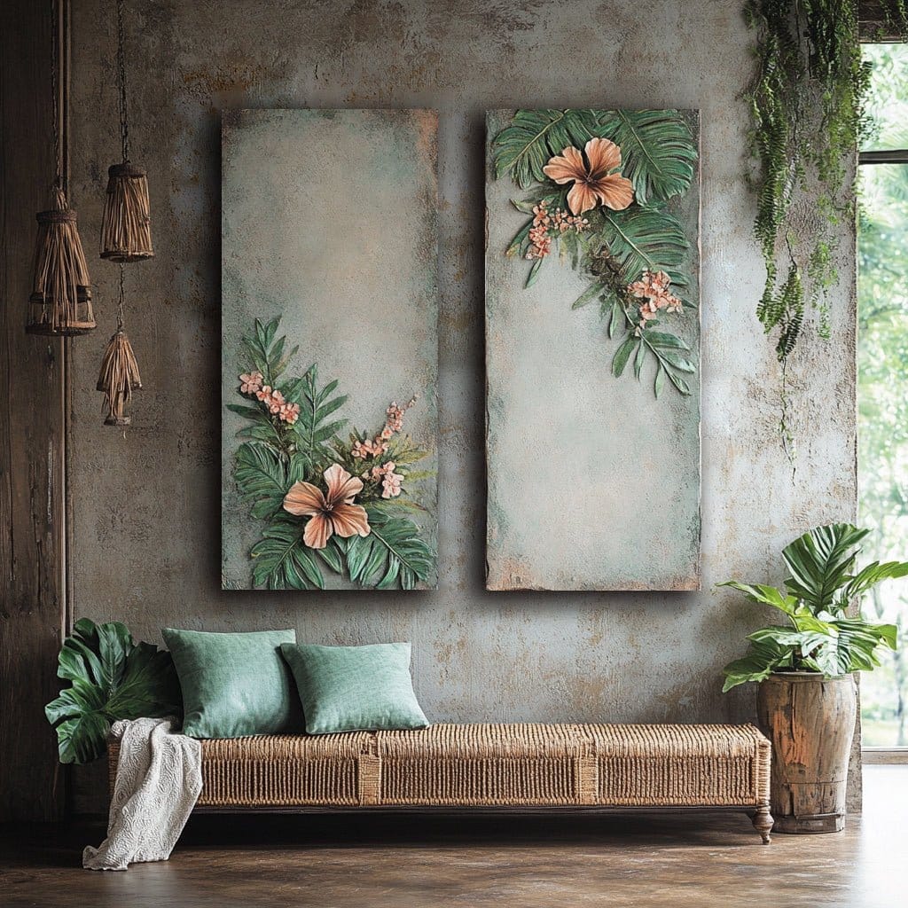 Tropical Serenity – Hibiscus & Palm Dual Panel Wall Art Canvas - Sense for Decor
