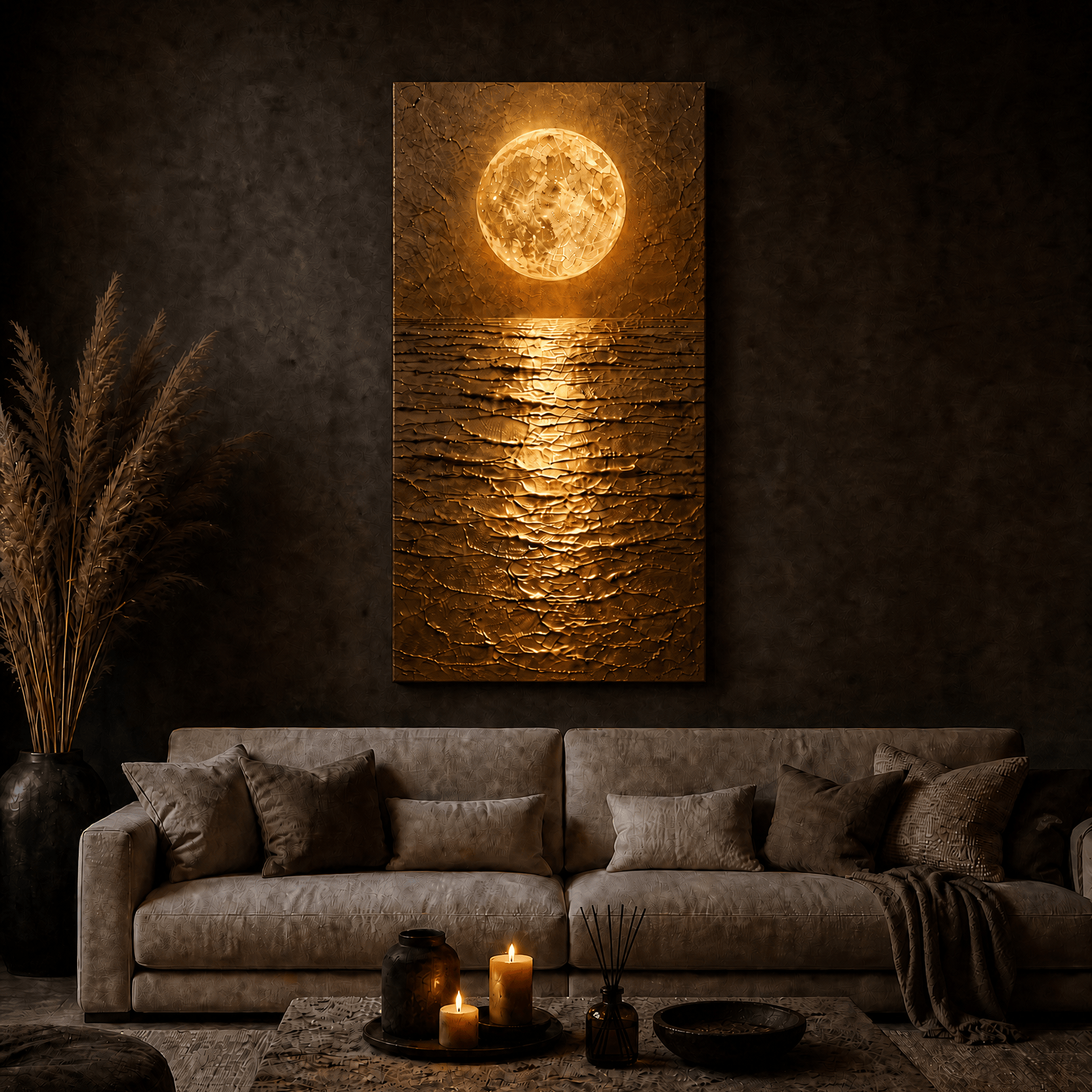 Golden moon and ocean reflection canvas in textured gold and bronze, hung above a leather sofa in a dark living room