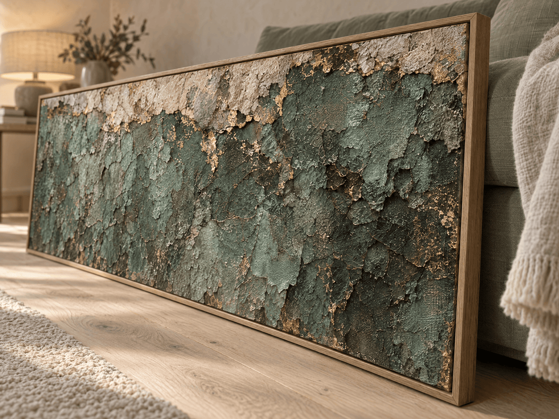 Close up of the flaking verdigris patina with gold breaking through