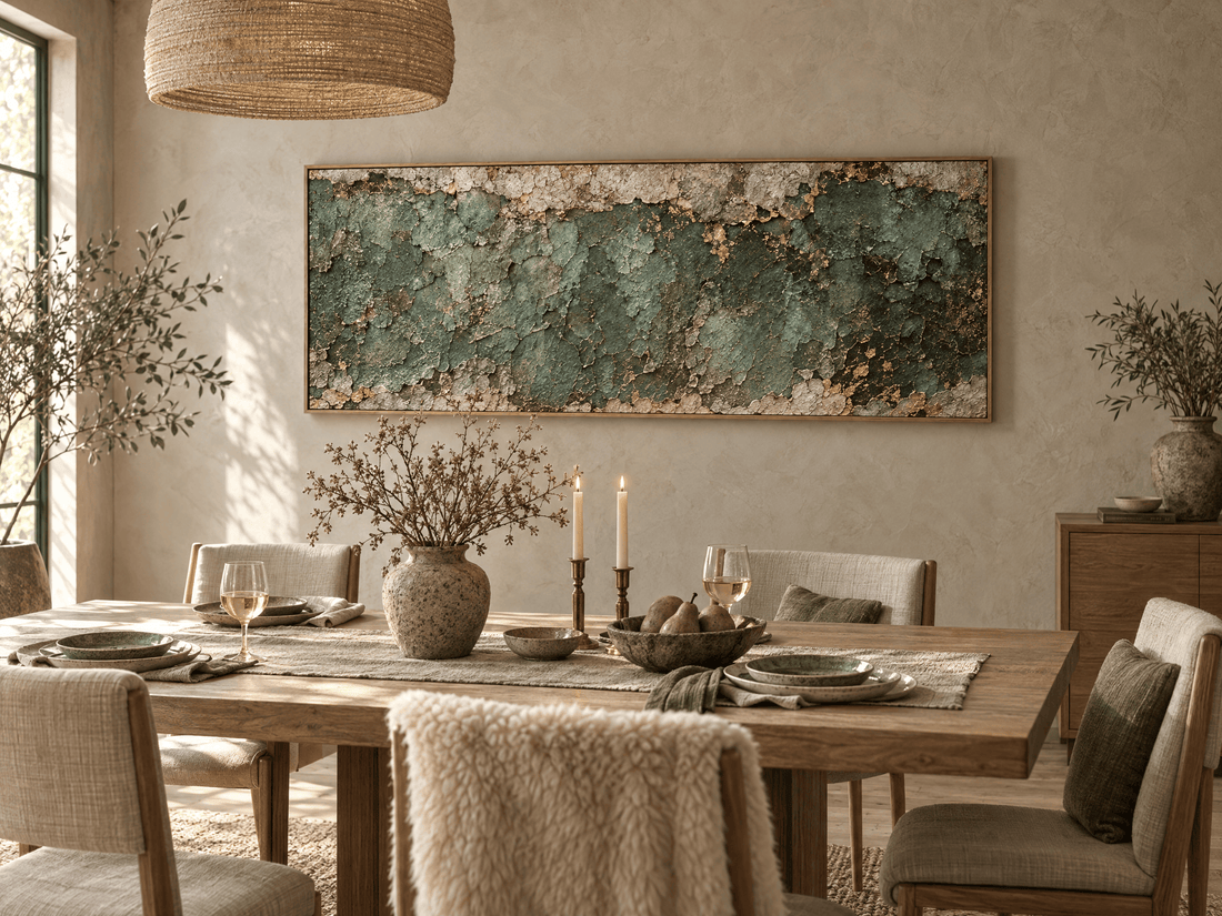 Green and gold patina canvas above an oak dining table