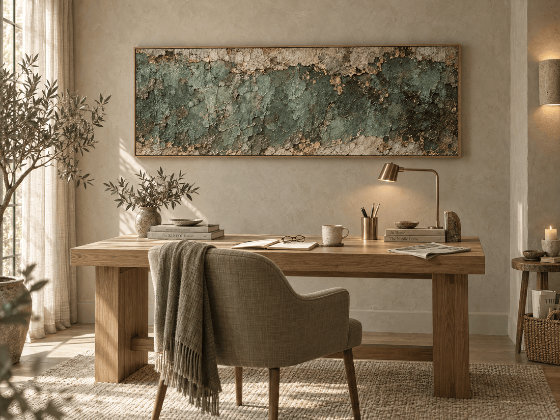 Teal and gold patina canvas above an oak desk in a home office