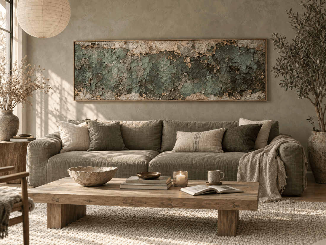 Green verdigris and gold canvas above an olive sofa in a living room
