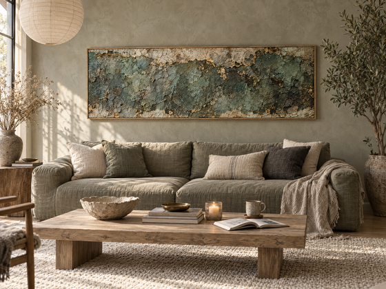 Green and Gold Wall Art – Oversized Verdigris Patina Textured Look Canvas for Living Room