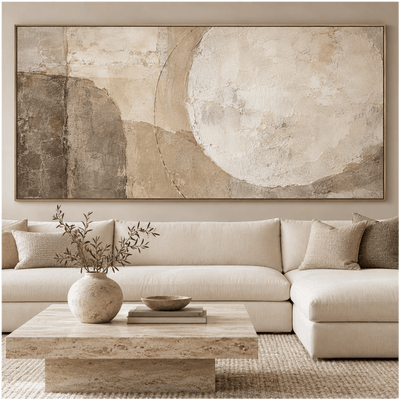 Wabi-Sabi Wall Art – Oversized Beige and Taupe Minimalist Textured Look Canvas for Living Room - Sense for Decor