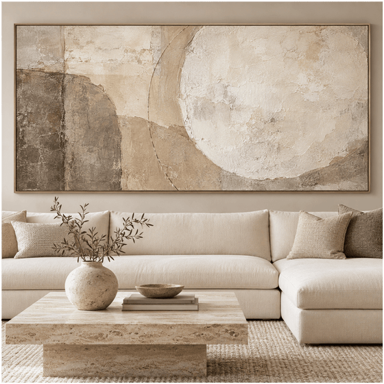Wabi-Sabi Wall Art – Oversized Beige and Taupe Minimalist Textured Look Canvas for Living Room