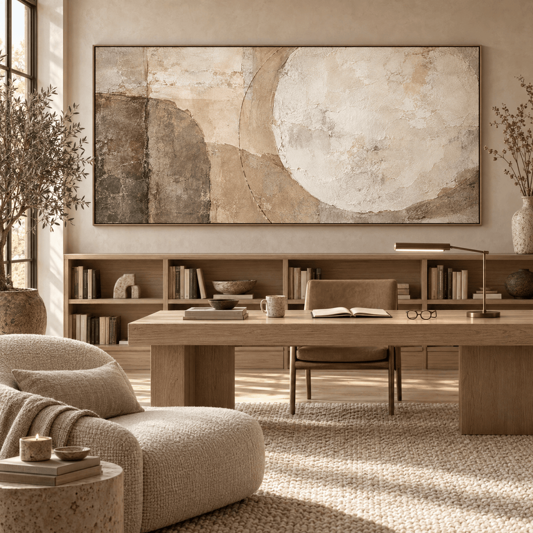 Wabi-Sabi Wall Art – Oversized Beige and Taupe Minimalist Textured Look Canvas for Living Room - Sense for Decor