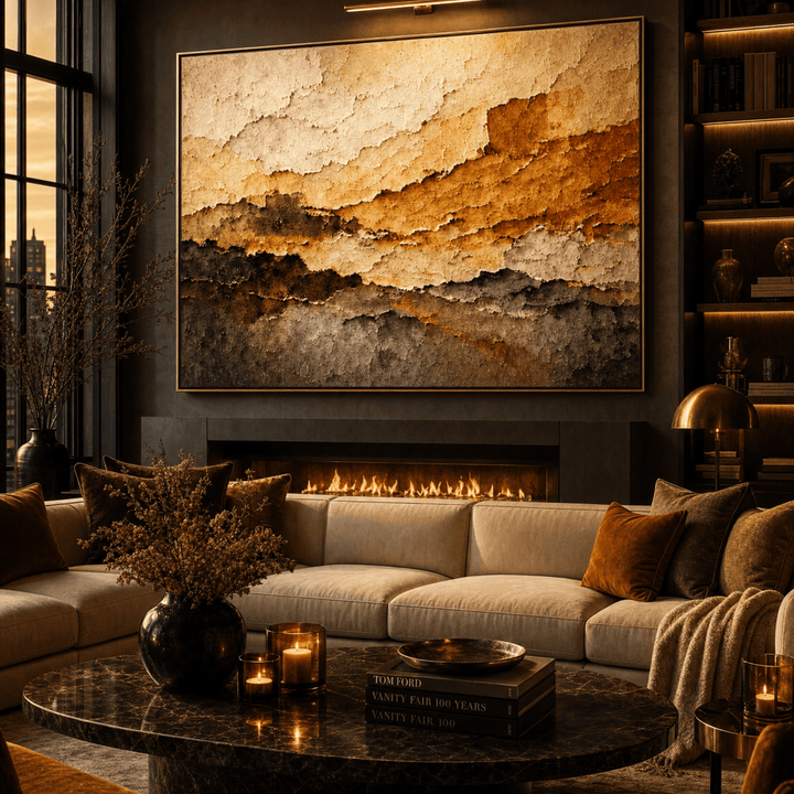 Warm Gold Abstract Wall Art | Hand-Embellished Textured Canvas | Earth Tone Large Statement Piece | Terracotta & Gold - Sense for Decor