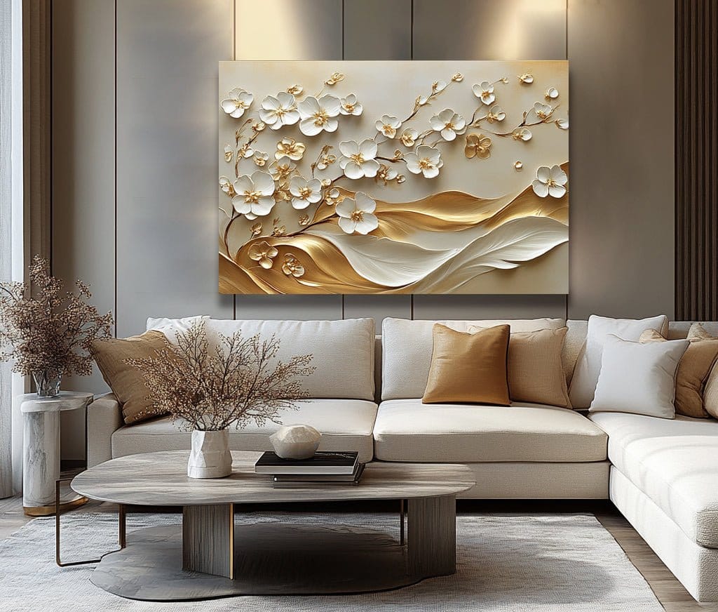 Whispering Petals – White & Gold Floral Flow Wall Art Canvas - Sense for Decor