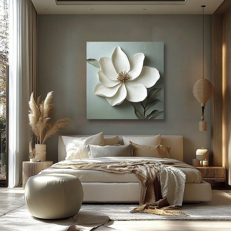 White Blossom on Sage Wall Art – Minimalist Floral Canvas for Serene Bedroom Decor - Sense for Decor